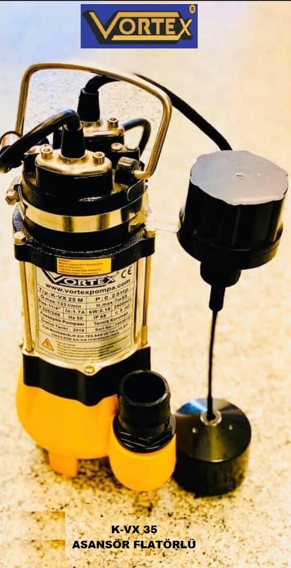 Vortex K-VX 35 0.35Hp Foseptik Parçalayıcılı Sıfırdan Emişli Asansör Flatörlü Açık Vortex Fanlı Pis Su Dalgıç Pompa