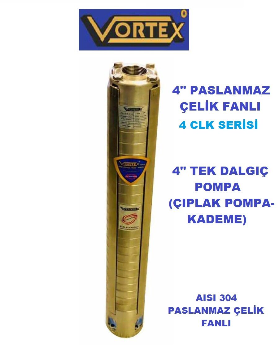 Vortex 4 CLK 5A-44  5.5Hp  4\'\' Paslanmaz Çelik Fanlı Derin Kuyu Çok Kademeli Çıplak Tek Dalgıç Pompa (Pompa Kademesi - Aisi 304)