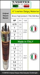 T-Vortex 1Hp 220V  4'' Derin Kuyu Sondaj Kuyu Dalgıç Motoru - Bronz Yağ Çemberli -Pompasız Tek Motor / ORJİNAL İTALYAN