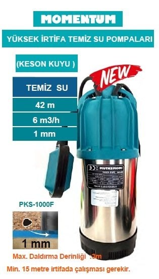 MOMENTUM PKS-1000F -1000W-220V- PASLANMAZ GÖVDELİ TEMİZ SU DRENAJ DALGIÇ POMPASI