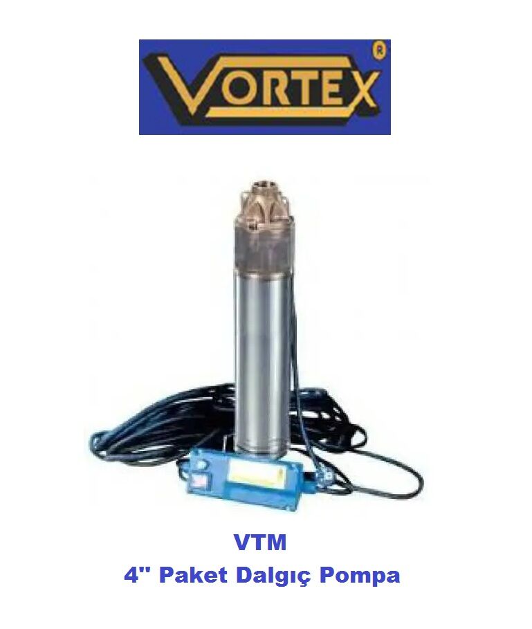 Vortex VTM 10 M  1Hp 220V Kendinden 20 metre Kablolu ve Kumanda Panolu Kademeli 4\'\' Paket Dalgıç Pompa (Silisyum keçe-NSK rulmanlı-Bronz fanlı)