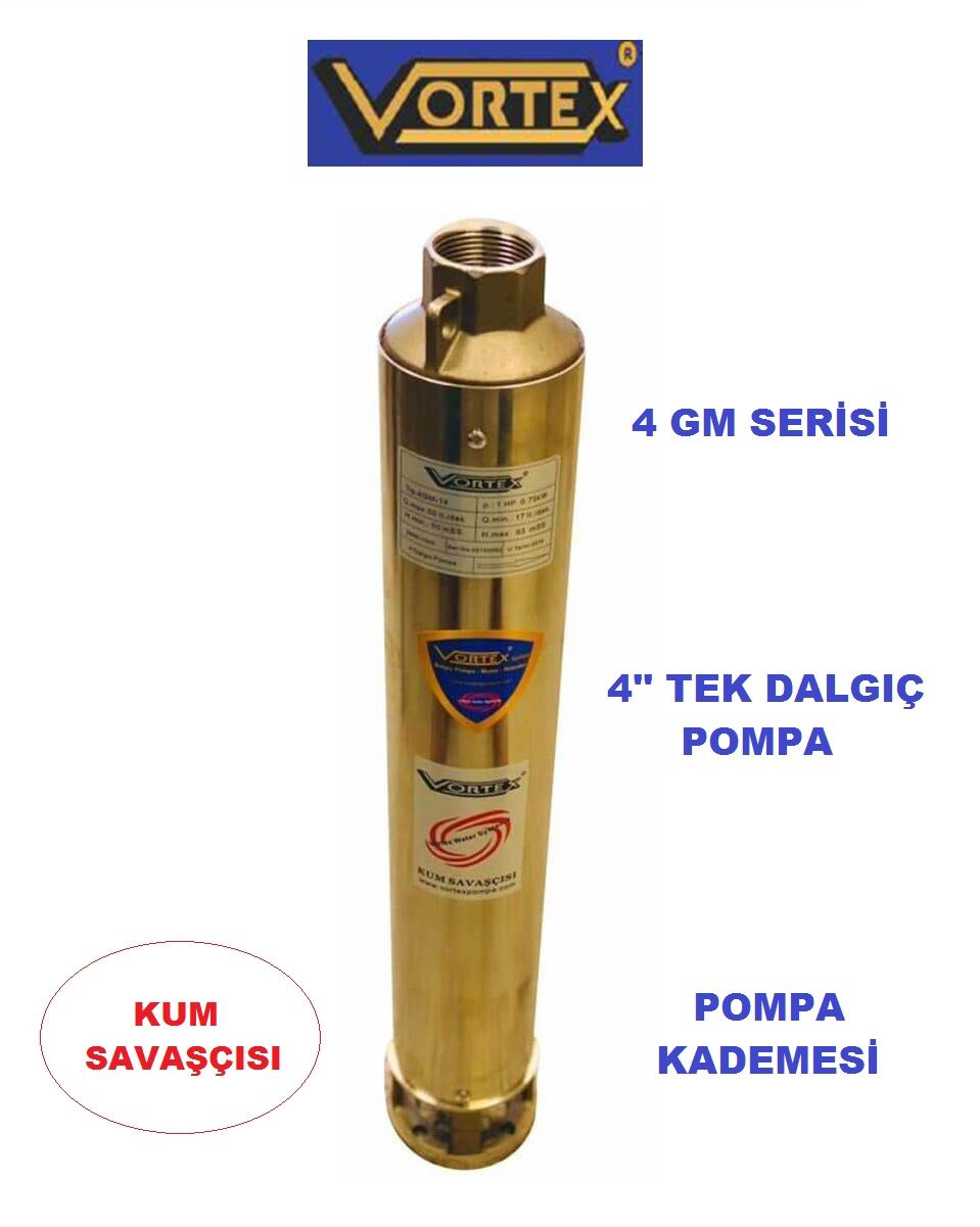 Vortex 24 GM - 20  7.5Hp  4\'\' Noril Fanlı Krom Başlıklı Derin Kuyu Çıplak Tek Dalgıç Pompa (Pompa Kademesi)