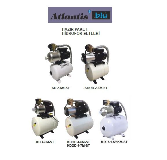 Atlantis Blu KDOD 4-7M-ST   1,6Hp 220V  Hazır  Paket Hidrofor  - Yatık Tanklı 50 Litre Sabit Patlamayan Membranlı
