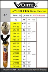 Vortex VRM 150  1.5Hp 220V  4\'\' Derin Kuyu Sondaj Kuyu Dalgıç Motoru - Bronz Yağ Çemberli / NSK Rulmanlı - Pompasız Tek Motor