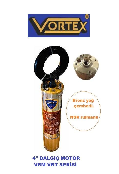 Vortex VRM 400  4Hp 220V  4\'\' Derin Kuyu Sondaj Kuyu Dalgıç Motoru - Bronz Yağ Çemberli / NSK Rulmanlı - Pompasız Tek Motor