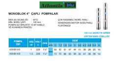 Atlantis Blu 4 SNM 4/6  1Hp 220V  4\'\' Çaplı Monoblok Çok Kademeli Dalgıç Pompa - 10 metre kablolu ve panolu (1 ¼\'\' Çıkışlı-Noril Fanlı / Kendinden motor soğutmalı)