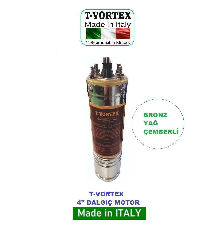 T-Vortex 1.5Hp 380V  4'' Derin Kuyu Sondaj Kuyu Dalgıç Motoru - Bronz Yağ Çemberli -Pompasız Tek Motor / ORJİNAL İTALYAN