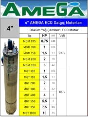 Amega MGM 075  0.75Hp 220V 4\'\' Döküm Yağ Çemberli Derin Kuyu Sondaj Dalgıç Motor (Eco motor)